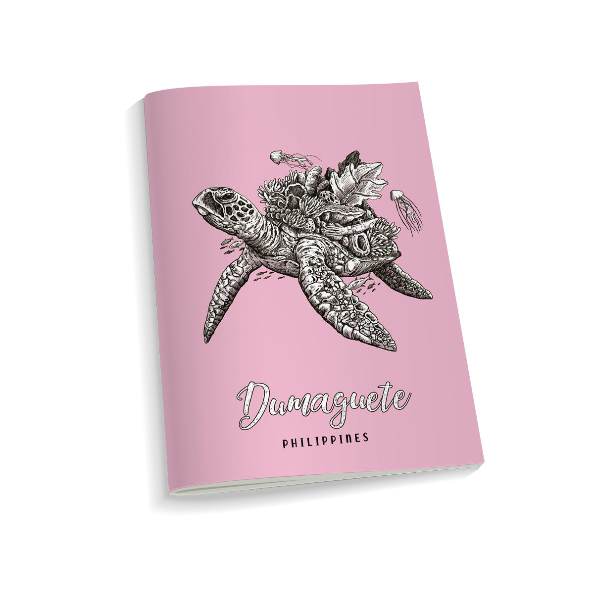 black and white pen and ink illustration Angelo Delos Santos green sea turtle underwater coral protection pink cute art Dumaguete local Philippines sea ocean wildlife jellyfish