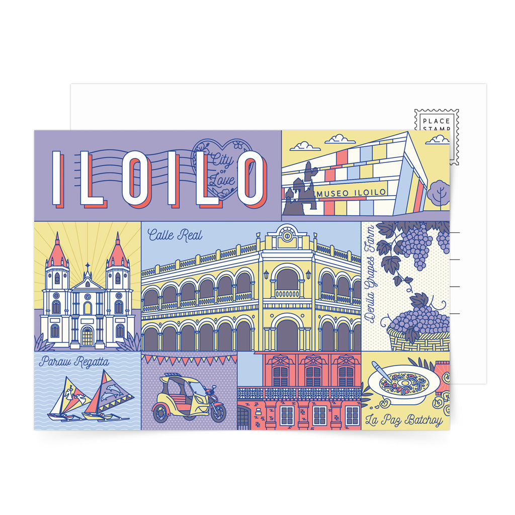 art, design, pinoy, postcrossing, snailmail, card, souvenir, gift, travel, journal, vintage, tourist, Museo Iloilo, Calle Real, Casa Mariquit, Molo Church, Paraw Regatta Festival, Denila Grapes Farm, Abella's tricycle, La Paz Batchoy, City of Love, Philippines, Filipino, design, decoration