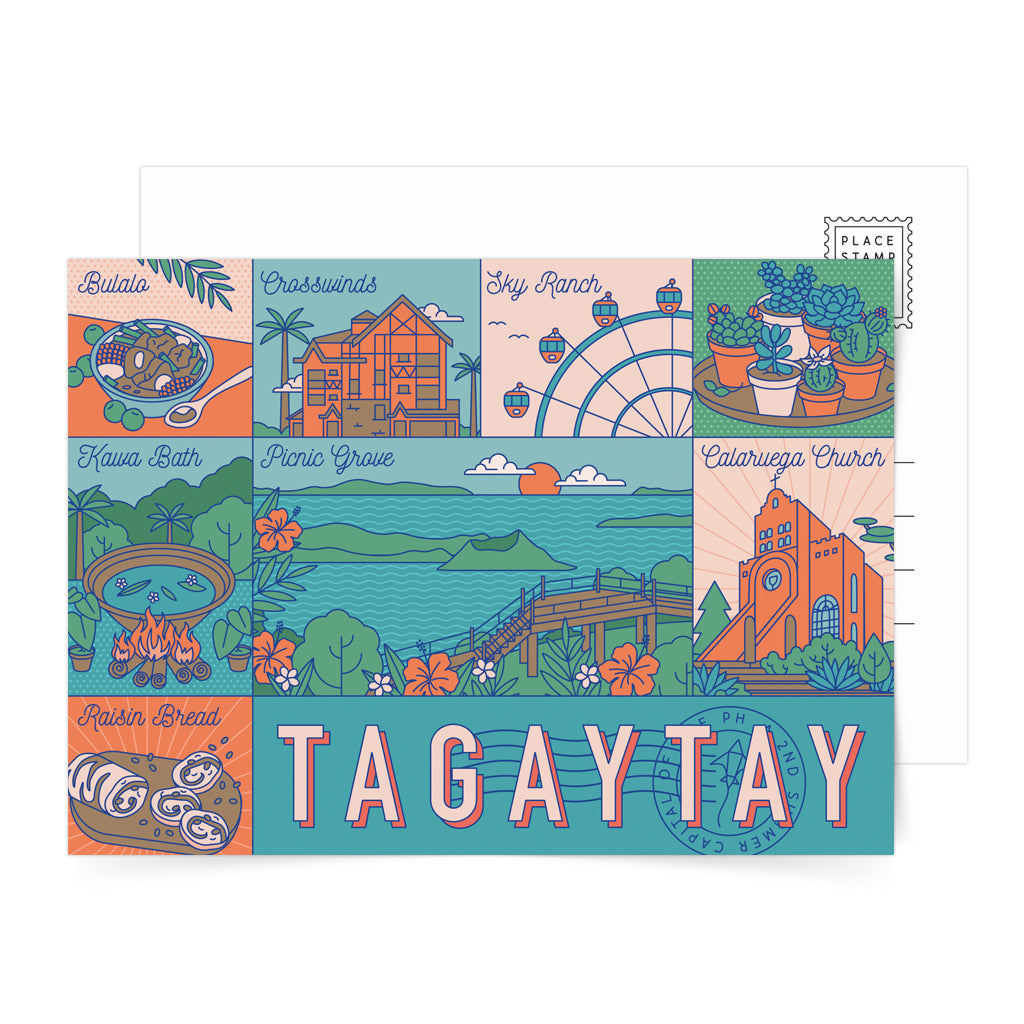 Postcrossing, snailmail, postage, art, Philippines, design card,Taal Volcano, Taal Lake, touristic place, tourist gift idea, Picnic Groove, Crosswinds and Sky Ranch, Calaruega Church, Kawa Bath, bulalo soup raising bread