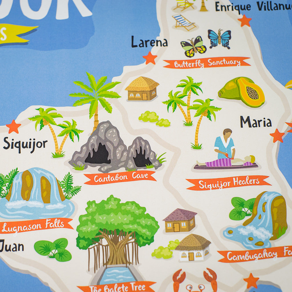 Tourist Map Diver sites Philippines Islands Mystic Island Siquijor Lazi San Juan Touristic wall art idea local Dumaguete Filipino artist graphic design decor decoration Maps entertainment close up