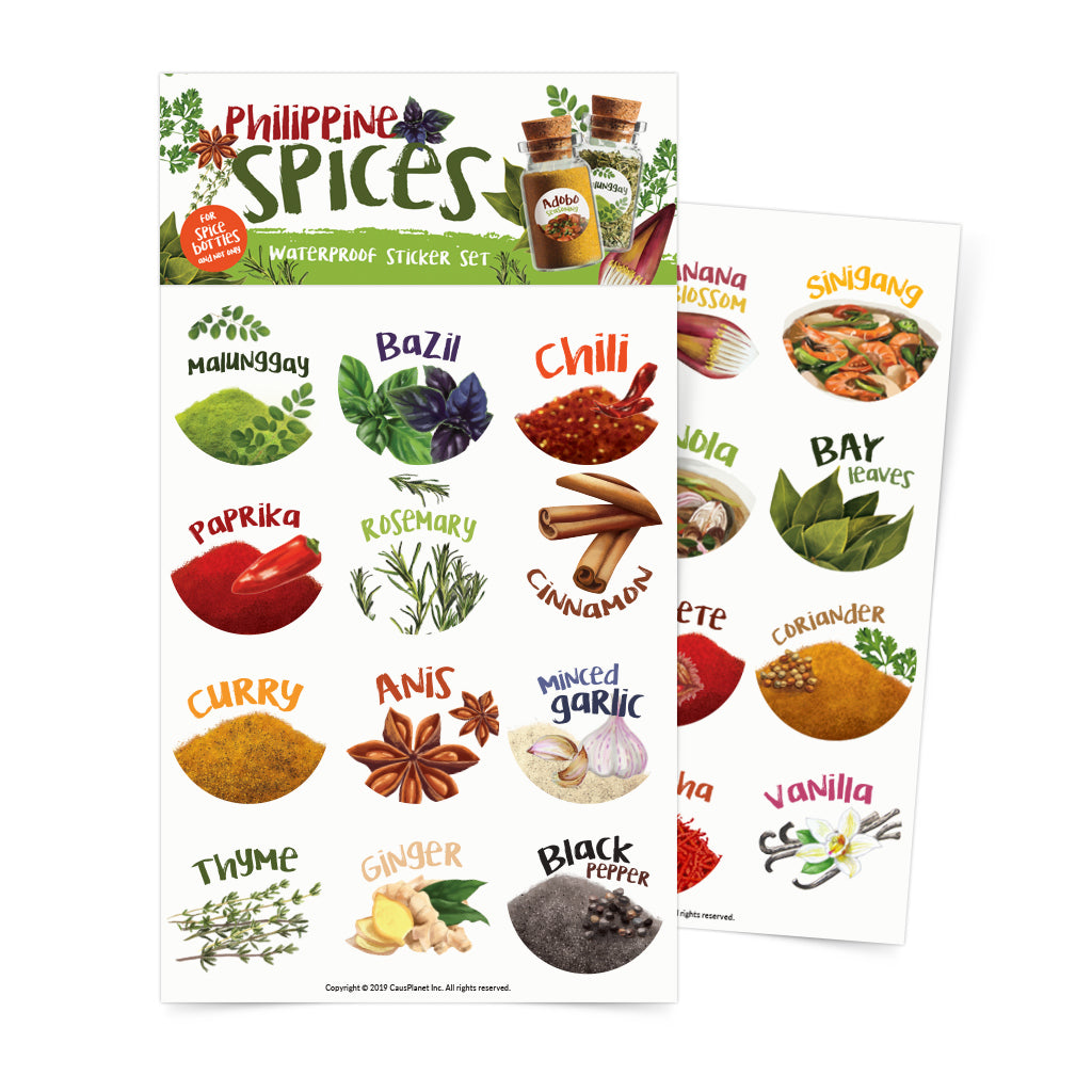 philippine spices recycle bottles waterproof stickers rounded basil chili malunggay cinnamon paprika rosemary adobo black pepper vanilla bay leafs sinigang banana blossom curry thyme coriander achuete kasubha tinola sinigang stick