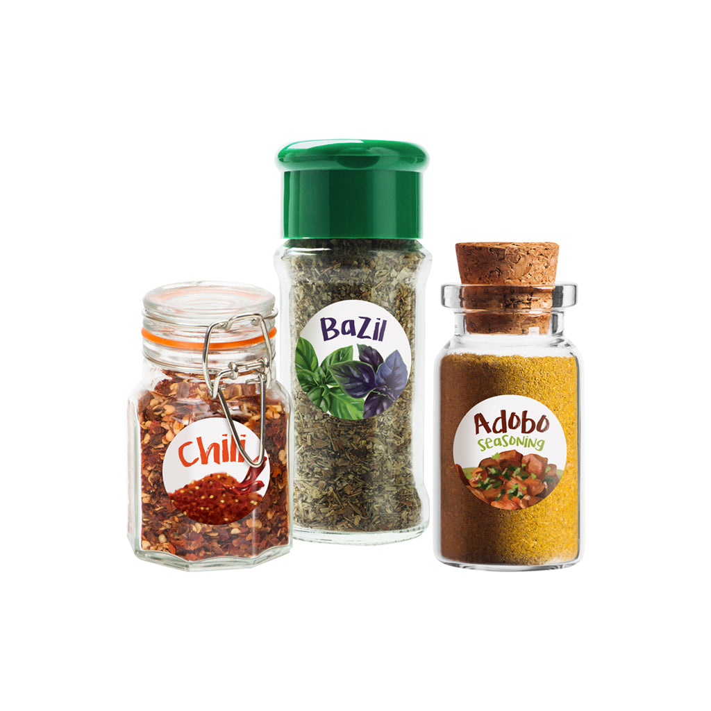 philippine spices recycle bottles waterproof stickers rounded basil chili malunggay cinnamon paprika rosemary adobo black pepper vanilla bay leafs sinigang banana blossom curry thyme coriander achuete kasubha tinola sinigang stick