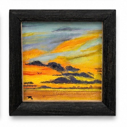 Original artwork, Dumaguete City, Negros Oriental, Philippines, Filipino artist Meream Pacayra, acrylic on canvas, framed mini artwork, authentic, wall decor, gift, landscape art, sunrise, sunset, first light, golden hour, colorful sky, glowing horizon, clouds, mountains, ocean, silhouettes, tree branches, peaceful scenery, nature art, atmospheric painting, warm colors, creative, tourist, Pinspired Art Gallery, MICRA Art Show.
