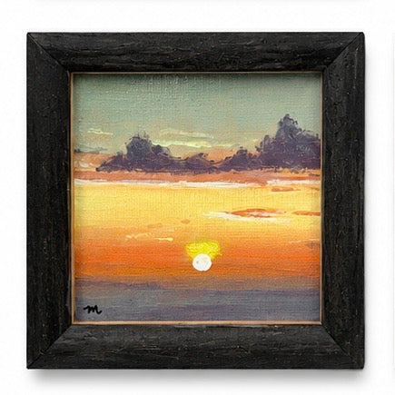 Original artwork, Dumaguete City, Negros Oriental, Philippines, Filipino artist Meream Pacayra, acrylic on canvas, framed mini artwork, authentic, wall decor, gift, landscape art, sunrise, sunset, first light, golden hour, colorful sky, glowing horizon, clouds, mountains, ocean, silhouettes, tree branches, peaceful scenery, nature art, atmospheric painting, warm colors, creative, tourist, Pinspired Art Gallery, MICRA Art Show.