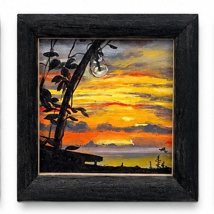 Original artwork, Dumaguete City, Negros Oriental, Philippines, Filipino artist Meream Pacayra, acrylic on canvas, framed mini artwork, authentic, wall decor, gift, landscape art, sunrise, sunset, first light, golden hour, colorful sky, glowing horizon, clouds, mountains, ocean, silhouettes, tree branches, peaceful scenery, nature art, atmospheric painting, warm colors, creative, tourist, Pinspired Art Gallery, MICRA Art Show.