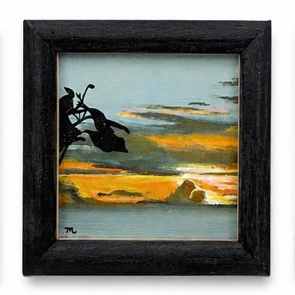 Original artwork, Dumaguete City, Negros Oriental, Philippines, Filipino artist Meream Pacayra, acrylic on canvas, framed mini artwork, authentic, wall decor, gift, landscape art, sunrise, sunset, first light, golden hour, colorful sky, glowing horizon, clouds, mountains, ocean, silhouettes, tree branches, peaceful scenery, nature art, atmospheric painting, warm colors, creative, tourist, Pinspired Art Gallery, MICRA Art Show.