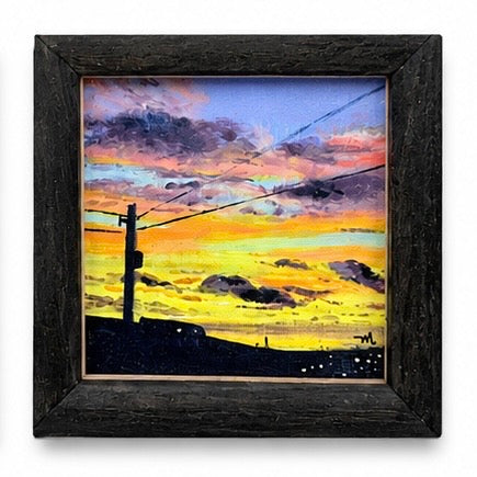 Original artwork, Dumaguete City, Negros Oriental, Philippines, Filipino artist Meream Pacayra, acrylic on canvas, framed mini artwork, authentic, wall decor, gift, landscape art, sunrise, sunset, first light, golden hour, colorful sky, glowing horizon, clouds, mountains, ocean, silhouettes, tree branches, peaceful scenery, nature art, atmospheric painting, warm colors, creative, tourist, Pinspired Art Gallery, MICRA Art Show.
