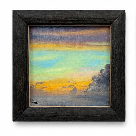 Original artwork, Dumaguete City, Negros Oriental, Philippines, Filipino artist Meream Pacayra, acrylic on canvas, framed mini artwork, authentic, wall decor, gift, landscape art, sunrise, sunset, first light, golden hour, colorful sky, glowing horizon, clouds, mountains, ocean, silhouettes, tree branches, peaceful scenery, nature art, atmospheric painting, warm colors, creative, tourist, Pinspired Art Gallery, MICRA Art Show.