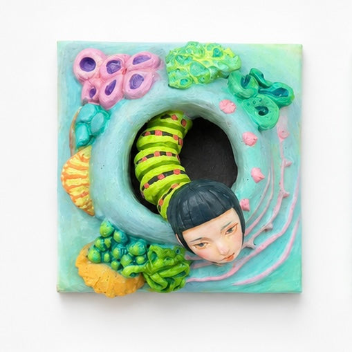 Original artworks by Zjoeie, Dumaguete City, Negros Oriental, Philippines, Filipino artist, mixed media, canvas, mini artwork, authentic, whimsical art, figurative art, girl and caterpillar, seashell, snail, beetles, flowers, pink petals, turquoise background, nature-inspired art, transformation, growth, becoming, creative artwork, wall decor, gift, tourist art, Pinspired Art Gallery, MICRA Art Show, Of Shell, Wings and Becoming.