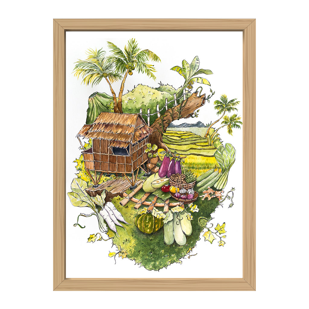 Bahay Kubo, watercolor, art, artistic, Kat Banay, Dumaguete city, Negros Oriental, heart shape, vegentables, nature, cute, decor, decoration, wall, office, tourist, spot, resort, home, airbnb, limited edition, palms, tropical, rice terrace, bamboo house, native home, Art Gallery by Pinspired, Pinspired Art Souvenirs, Negros Oriental, Filipino, Philippines, framed, framing, natural wood, frame