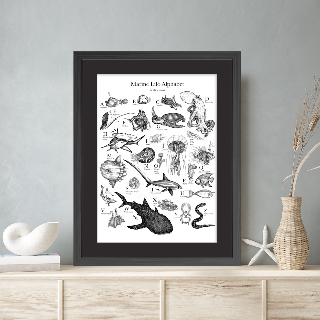 frogfish, underwater, dive, diving, diver, Alma Zosan, artist, Filipino, Negros Oriental, Dauin, ocean, oceanic, pen and ink. black and white, illustration, Philippines, Visaya, Alphabet, ABC, framed