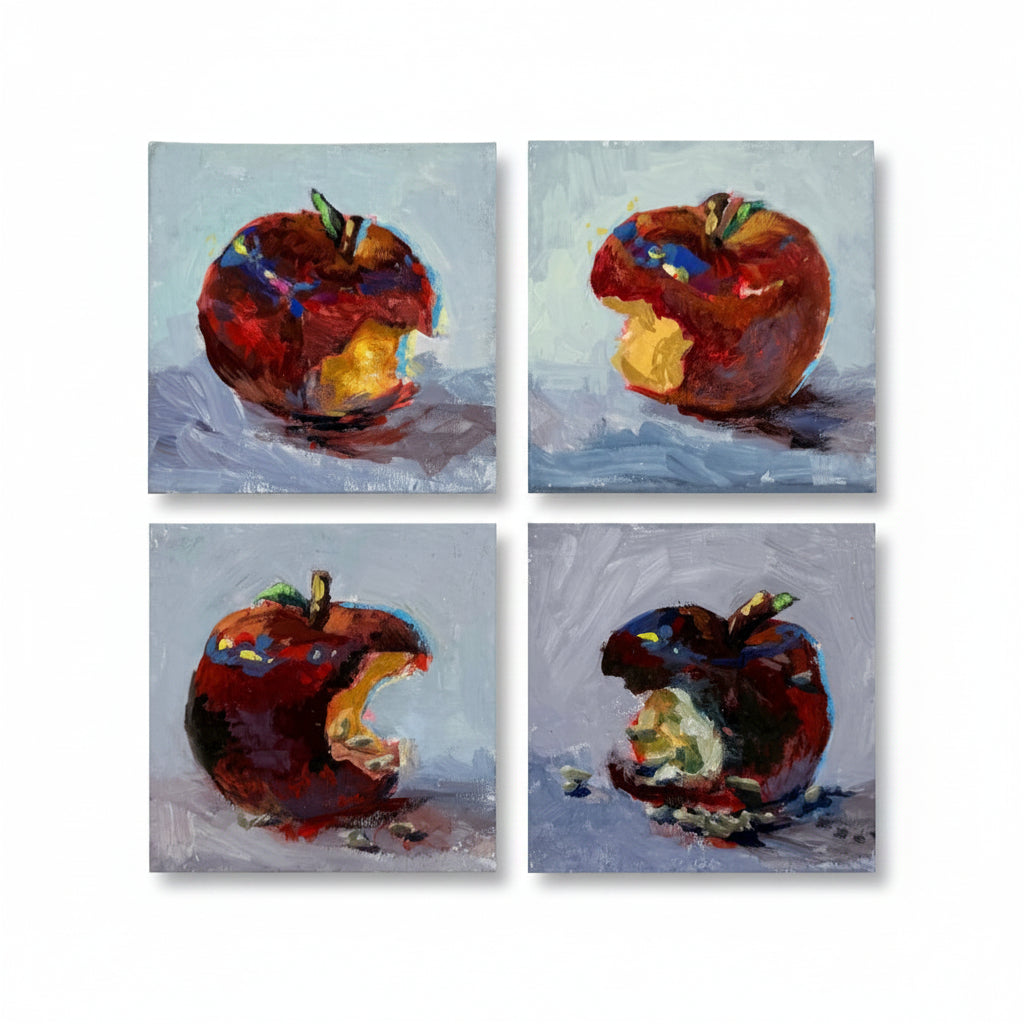 Dumaguete art, Original Artworks, micra, size 4x4, small artworks, gift, souvenir, small, apple, nature, red, gray, wall art, 2026, Gouache on canvas 