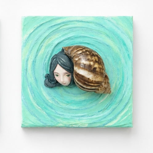 Original artworks by Zjoeie, Dumaguete City, Negros Oriental, Philippines, Filipino artist, mixed media, canvas, mini artwork, authentic, whimsical art, figurative art, girl and caterpillar, seashell, snail, beetles, flowers, pink petals, turquoise background, nature-inspired art, transformation, growth, becoming, creative artwork, wall decor, gift, tourist art, Pinspired Art Gallery, MICRA Art Show, Of Shell, Wings and Becoming.