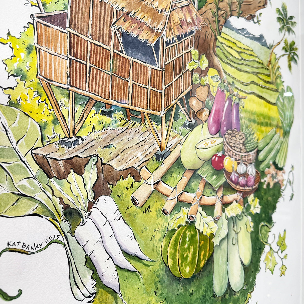 Kat Banay, Dumaguete City, Artwork, Watercolor, exhibition, original, Filipino house, Children's story, Filipino, artist, art Philippines, Negros Oriental, Dumaguete art scene, Pinspired Art Souvenirs, The Henry Resort, Books on Wheels, Valencia, buy original artwork, catalogue, art gallery, heart shape, organic, vegetables, bahay kubo, cllose up