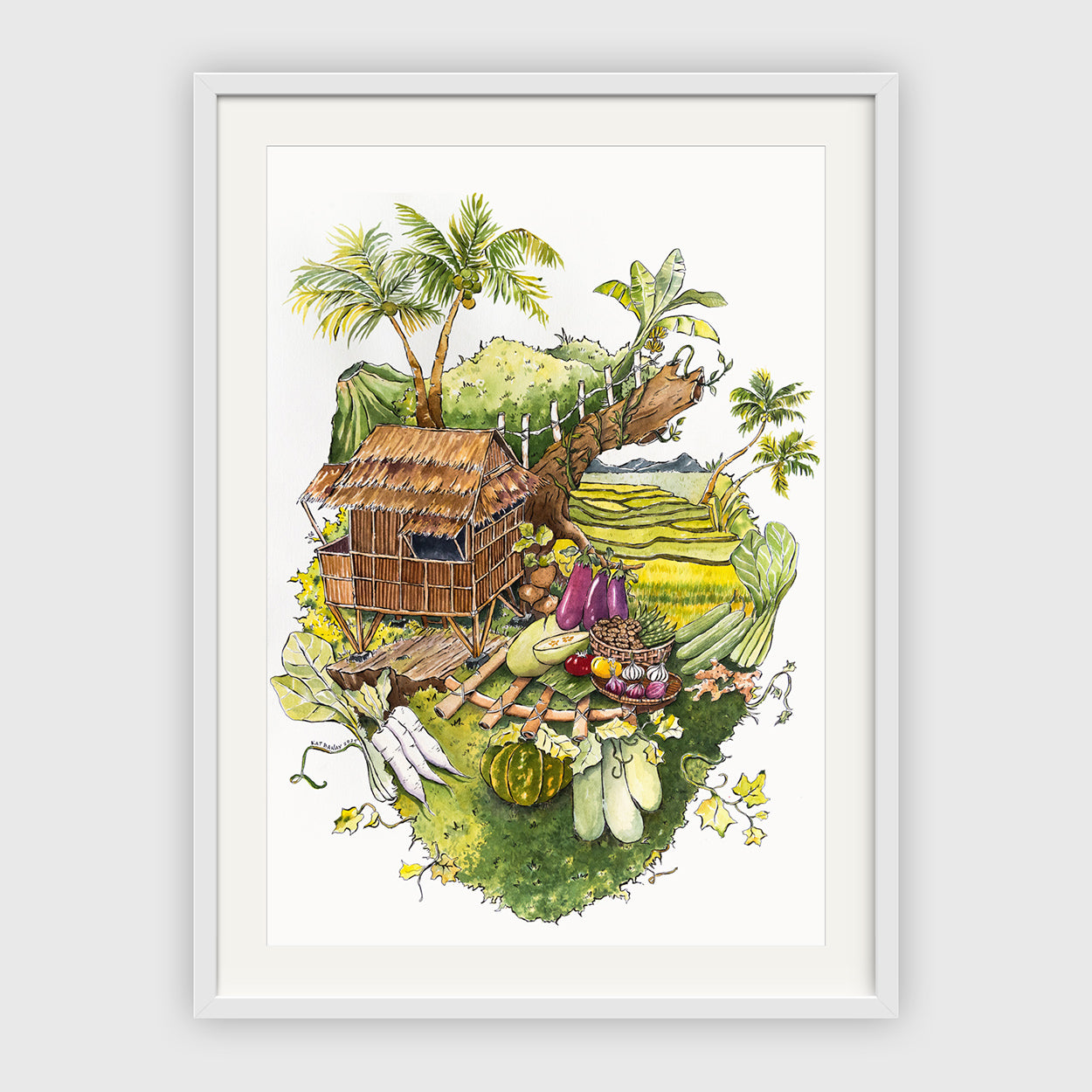 Kat Banay, Dumaguete City, Artwork, Watercolor, exhibition, original, Filipino house, Children's story, Filipino, artist, art Philippines, Negros Oriental, Dumaguete art scene, Pinspired Art Souvenirs, The Henry Resort, Books on Wheels, Valencia, buy original artwork, catalogue, art gallery, heart shape, organic, vegetables, bahay kubo