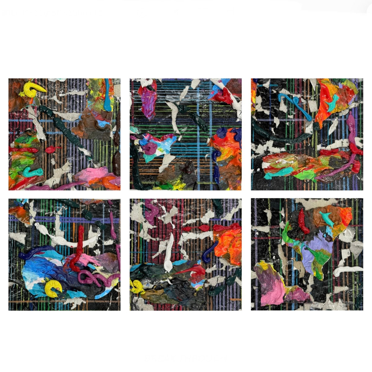 Original mixed-media artwork, Jomir Tabudlong, Filipino artist, contemporary abstract art, six-panel artwork, textured surface, layered materials, vibrant colors, raised paint, woven linear patterns, red, blue, yellow, green, pink, orange, black, tactile art, expressive abstraction, mixed media, contemporary Philippine art, MICRA Group Show 2026, Dumaguete, Negros Oriental, Philippines, gallery artwork, authentic art, wall decor.