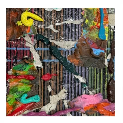 Original mixed-media artwork, Jomir Tabudlong, Filipino artist, contemporary abstract art, six-panel artwork, textured surface, layered materials, vibrant colors, raised paint, woven linear patterns, red, blue, yellow, green, pink, orange, black, tactile art, expressive abstraction, mixed media, contemporary Philippine art, MICRA Group Show 2026, Dumaguete, Negros Oriental, Philippines, gallery artwork, authentic art, wall decor.