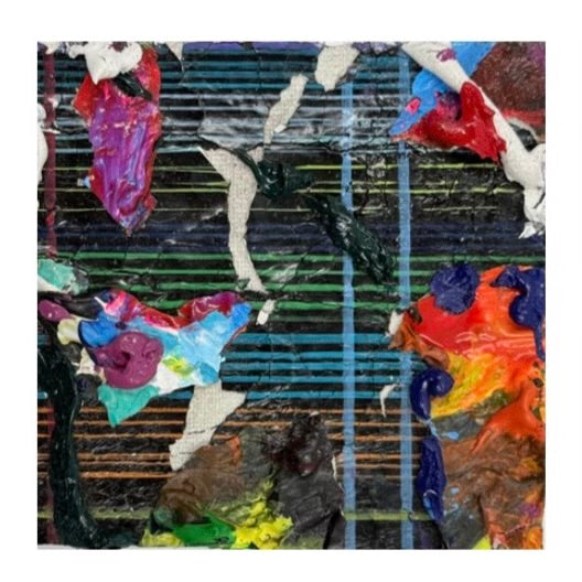 Original mixed-media artwork, Jomir Tabudlong, Filipino artist, contemporary abstract art, six-panel artwork, textured surface, layered materials, vibrant colors, raised paint, woven linear patterns, red, blue, yellow, green, pink, orange, black, tactile art, expressive abstraction, mixed media, contemporary Philippine art, MICRA Group Show 2026, Dumaguete, Negros Oriental, Philippines, gallery artwork, authentic art, wall decor.