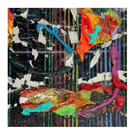 Original mixed-media artwork, Jomir Tabudlong, Filipino artist, contemporary abstract art, six-panel artwork, textured surface, layered materials, vibrant colors, raised paint, woven linear patterns, red, blue, yellow, green, pink, orange, black, tactile art, expressive abstraction, mixed media, contemporary Philippine art, MICRA Group Show 2026, Dumaguete, Negros Oriental, Philippines, gallery artwork, authentic art, wall decor.