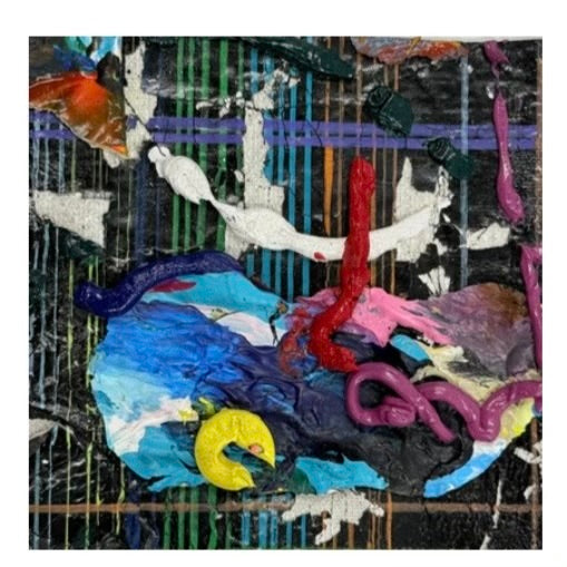 Original mixed-media artwork, Jomir Tabudlong, Filipino artist, contemporary abstract art, six-panel artwork, textured surface, layered materials, vibrant colors, raised paint, woven linear patterns, red, blue, yellow, green, pink, orange, black, tactile art, expressive abstraction, mixed media, contemporary Philippine art, MICRA Group Show 2026, Dumaguete, Negros Oriental, Philippines, gallery artwork, authentic art, wall decor.