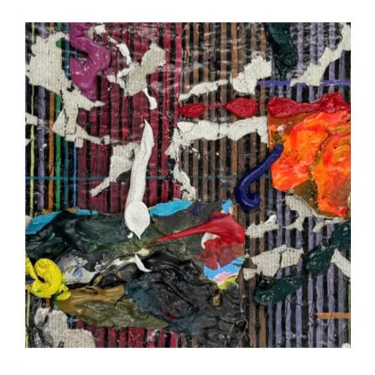 Original mixed-media artwork, Jomir Tabudlong, Filipino artist, contemporary abstract art, six-panel artwork, textured surface, layered materials, vibrant colors, raised paint, woven linear patterns, red, blue, yellow, green, pink, orange, black, tactile art, expressive abstraction, mixed media, contemporary Philippine art, MICRA Group Show 2026, Dumaguete, Negros Oriental, Philippines, gallery artwork, authentic art, wall decor.