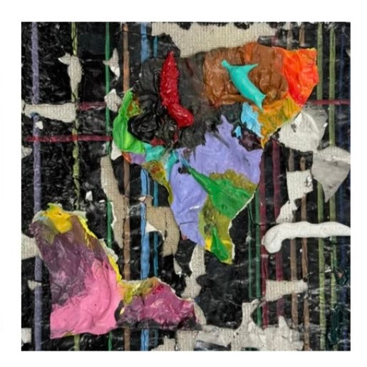 Original mixed-media artwork, Jomir Tabudlong, Filipino artist, contemporary abstract art, six-panel artwork, textured surface, layered materials, vibrant colors, raised paint, woven linear patterns, red, blue, yellow, green, pink, orange, black, tactile art, expressive abstraction, mixed media, contemporary Philippine art, MICRA Group Show 2026, Dumaguete, Negros Oriental, Philippines, gallery artwork, authentic art, wall decor.