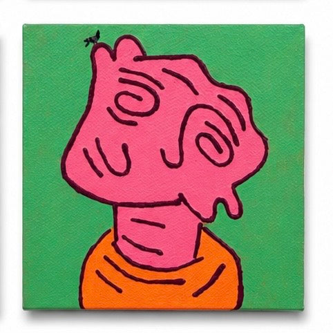 Original artwork, Dumaguete City, Negros Oriental, Philippines, Filipino artist, painted canvas, mini artwork, authentic, wall decor, gift, colorful art, creative artwork, tourist art, Pinspired Art Gallery, MICRA Art Show, cartoon characters, expressive faces, vibrant colors, orange, green, red, teal, playful portraits, contemporary Filipino art.