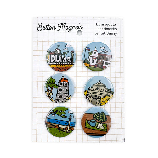 Button Magnet, Duma, DumaGetMe, Dumaguete city, Negros Oriental, Souvenir, magnets, art, artistic, creative, Kat Banay, Bell Tower, Pantawan, Cathedral, Pa-Initan, Rizal Boulevard, Iconic spots, tourist, touristic destinations, Landmarks,