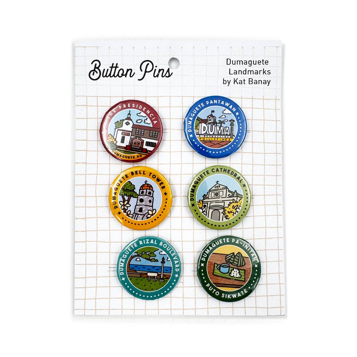 Button Pin, Duma, DumaGetMe, Dumaguete city, Negros Oriental, Souvenir, pins, art, artistic, creative, Kat Banay, Bell Tower, Pantawan, Cathedral, Pa-Initan, Rizal Boulevard, Iconic spots, tourist, touristic destinations, Landmarks