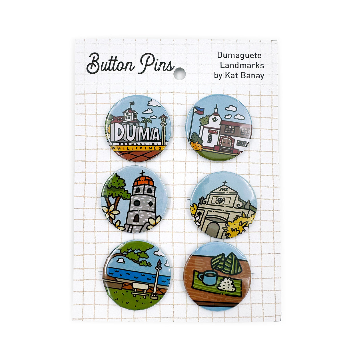 Button Pin, Duma, DumaGetMe, Dumaguete city, Negros Oriental, Souvenir, pins, art, artistic, creative, Kat Banay, Bell Tower, Pantawan, Cathedral, Pa-Initan, Rizal Boulevard, Iconic spots, tourist, touristic destinations, Landmarks