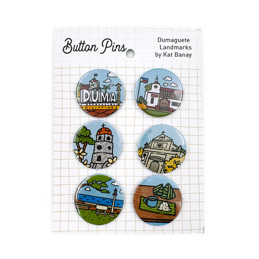 Button Pin, Duma, DumaGetMe, Dumaguete city, Negros Oriental, Souvenir, pins, art, artistic, creative, Kat Banay, Bell Tower, Pantawan, Cathedral, Pa-Initan, Rizal Boulevard, Iconic spots, tourist, touristic destinations, Landmarks