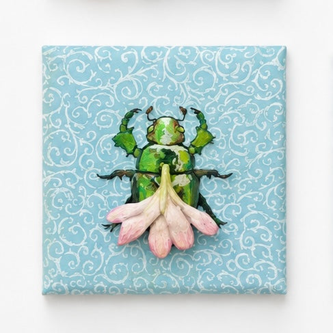 Original artworks by Zjoeie, Dumaguete City, Negros Oriental, Philippines, Filipino artist, mixed media, canvas, mini artwork, authentic, whimsical art, figurative art, girl and caterpillar, seashell, snail, beetles, flowers, pink petals, turquoise background, nature-inspired art, transformation, growth, becoming, creative artwork, wall decor, gift, tourist art, Pinspired Art Gallery, MICRA Art Show, Of Shell, Wings and Becoming.