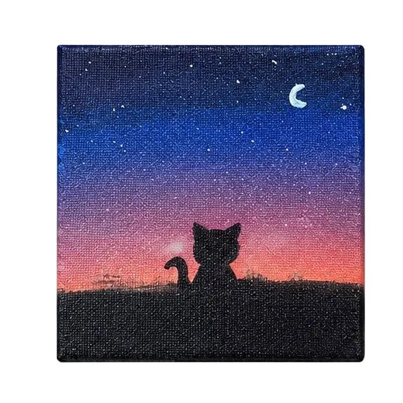 Original artwork, Dumaguete City, Negros Oriental, Philippines, Filipino artist Lexa Amelia, acrylic on canvas, mini artwork, authentic, wall decor, gift, nature art, ocean art, marine life, cat silhouette, crescent moon, stars, blue butterfly, butterfly on branch, crab, lavender sky, clouds, dreamy artwork, whimsical art, creative, tourist, Pinspired Art Gallery, MICRA Art Show.