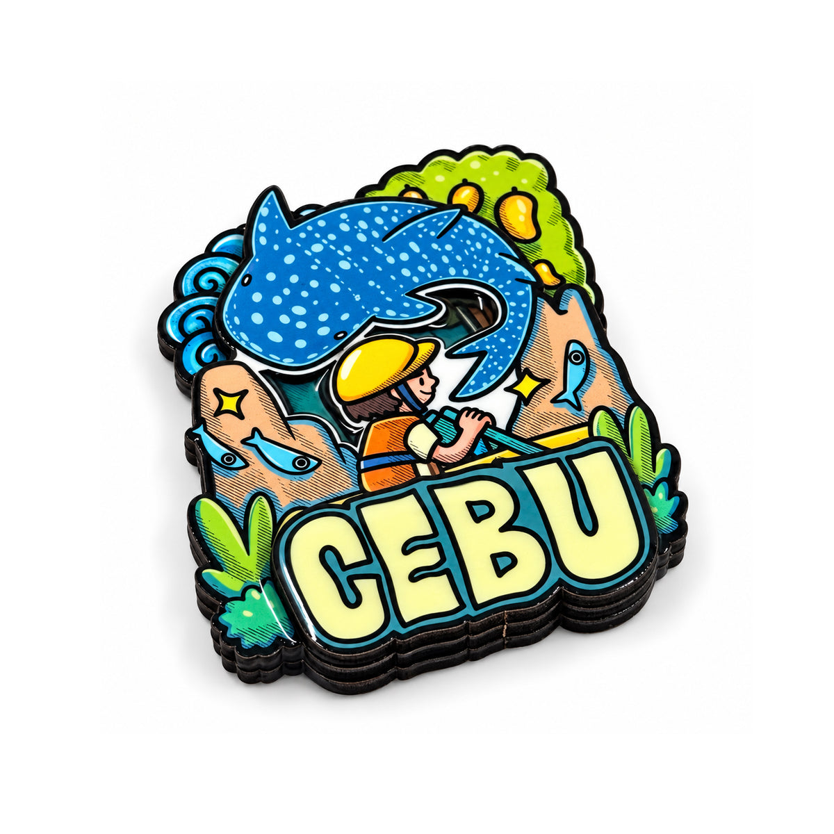 island, vibes, colorful, cute, sticker, Moshi Dokyo, illustration, art, Whale shark, Cebu City, Philippines, Filipino, art scene, Pinspired Art Souvenirs, motorcycle, tourist, collectible, gift, Siquijor, gift idea, cute, fridge magnet, paddle, characters, boat, fish, waterfall, mango tree