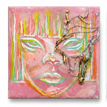 Original artwork, Dumaguete City, Negros Oriental, Philippines, Filipino artist, Risa Tubio, mixed-media art, canvas, contemporary artwork, authentic, wall decor, gift, colorful art, abstract faces, floral forms, gold and silver textures, turquoise, pink, green, expressive lines, Pinspired Art Gallery, MICRA Art Show, Cheap Luxuries