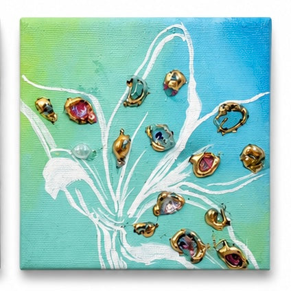Original artwork, Dumaguete City, Negros Oriental, Philippines, Filipino artist, Risa Tubio, mixed-media art, canvas, contemporary artwork, authentic, wall decor, gift, colorful art, abstract faces, floral forms, gold and silver textures, turquoise, pink, green, expressive lines, Pinspired Art Gallery, MICRA Art Show, Cheap Luxuries