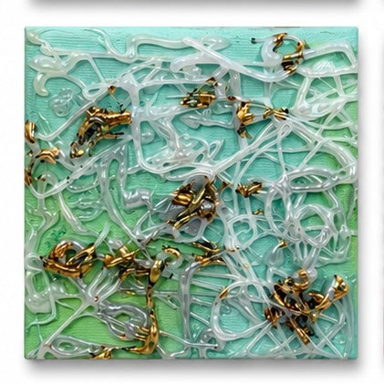 Original artwork, Dumaguete City, Negros Oriental, Philippines, Filipino artist, Risa Tubio, mixed-media art, canvas, contemporary artwork, authentic, wall decor, gift, colorful art, abstract faces, floral forms, gold and silver textures, turquoise, pink, green, expressive lines, Pinspired Art Gallery, MICRA Art Show, Cheap Luxuries