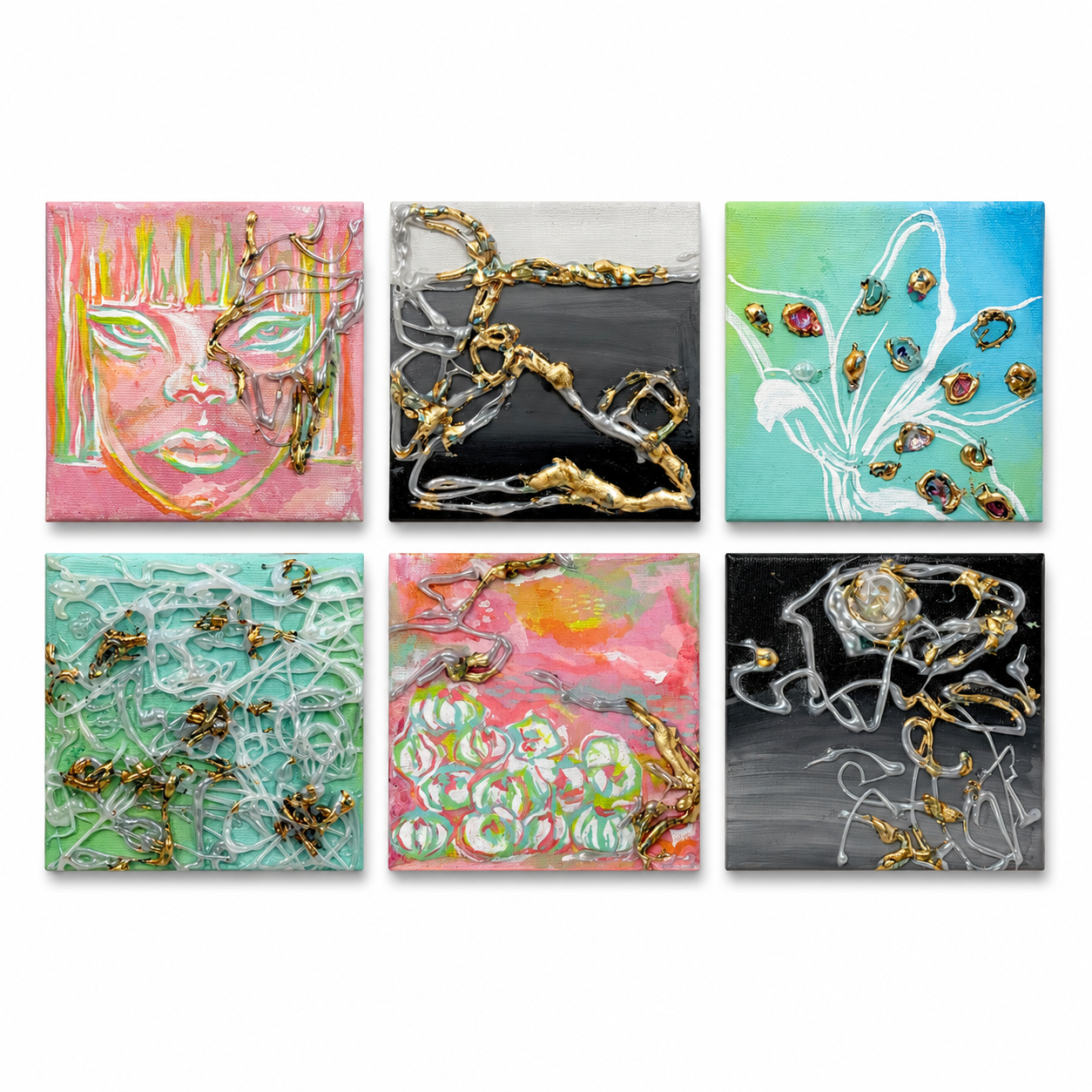 Original artwork, Dumaguete City, Negros Oriental, Philippines, Filipino artist, Risa Tubio, mixed-media art, canvas, contemporary artwork, authentic, wall decor, gift, colorful art, abstract faces, floral forms, gold and silver textures, turquoise, pink, green, expressive lines, Pinspired Art Gallery, MICRA Art Show, Cheap Luxuries