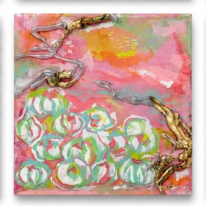 Original artwork, Dumaguete City, Negros Oriental, Philippines, Filipino artist, Risa Tubio, mixed-media art, canvas, contemporary artwork, authentic, wall decor, gift, colorful art, abstract faces, floral forms, gold and silver textures, turquoise, pink, green, expressive lines, Pinspired Art Gallery, MICRA Art Show, Cheap Luxuries