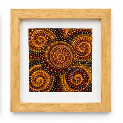 Original artwork, Trina Montenegro, Dumaguete City, Negros Oriental, Philippines, Filipino artist, abstract art, patterned artwork, colorful painting, framed mini artwork, authentic, wall decor, gift, contemporary art, dotted patterns, spiral designs, flowing lines, circles, blue, pink, green, red, orange, Pinspired Art Gallery, MICRA Art Show.