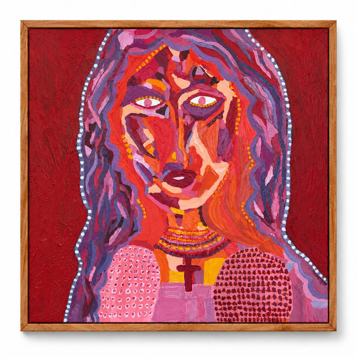 Oil paint, textured, Girl, Filipina, original artwork, Dumaguete artist, red, pink, orange, purple, cross, portrait, Pinspired Art Gallery