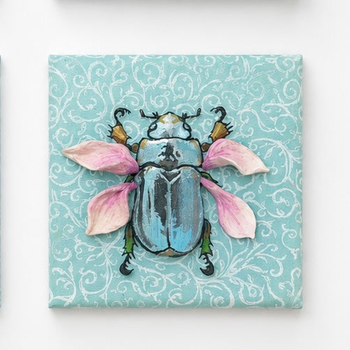Original artworks by Zjoeie, Dumaguete City, Negros Oriental, Philippines, Filipino artist, mixed media, canvas, mini artwork, authentic, whimsical art, figurative art, girl and caterpillar, seashell, snail, beetles, flowers, pink petals, turquoise background, nature-inspired art, transformation, growth, becoming, creative artwork, wall decor, gift, tourist art, Pinspired Art Gallery, MICRA Art Show, Of Shell, Wings and Becoming.