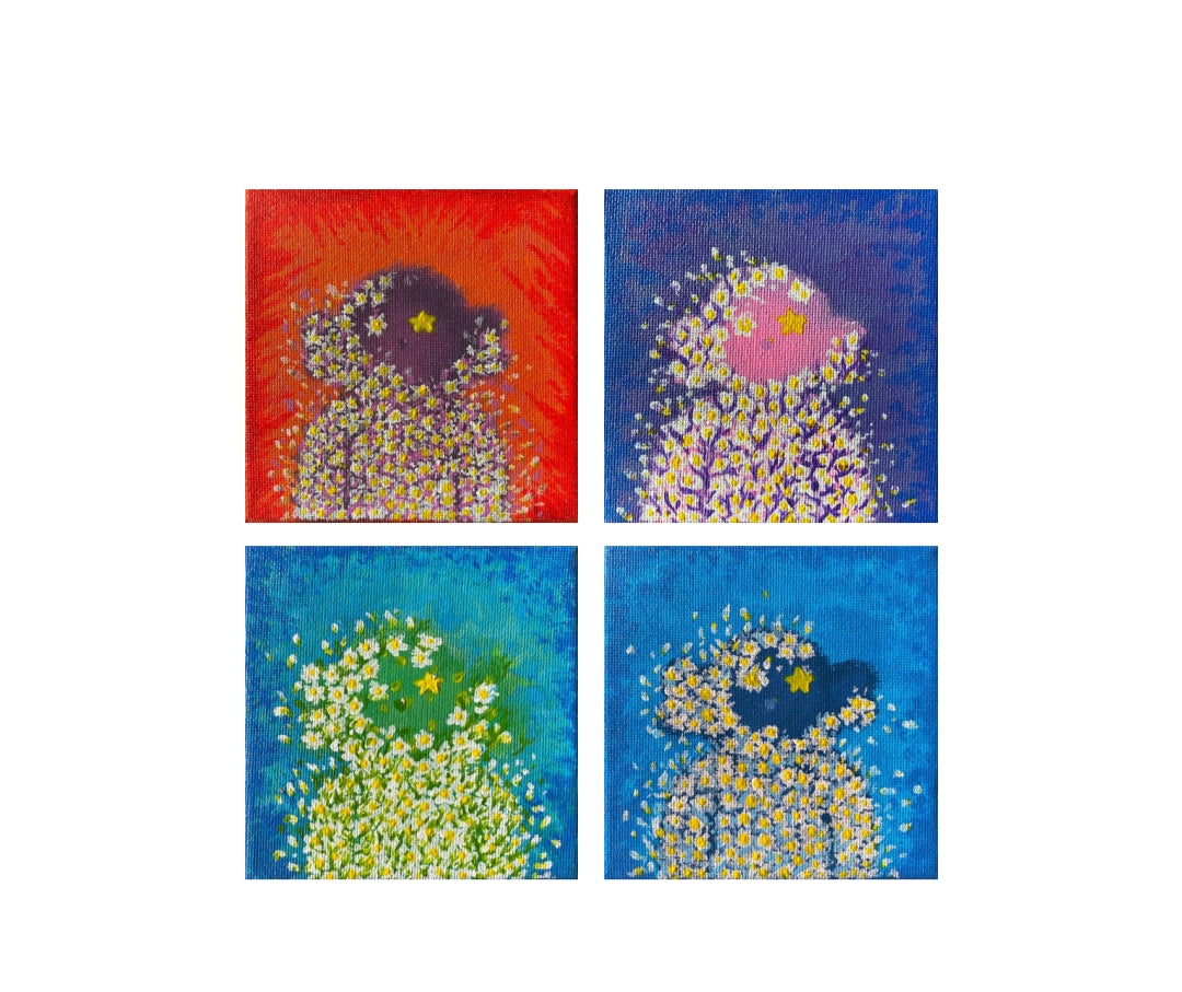 Original artwork, micra, size 4x4, Daisy, floral, flowers, blue, red, violet, green, whimsical, cute, abstract, texture, miniature, pointillism, 