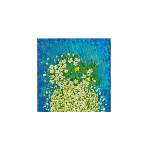 Original artwork, micra, size 4x4, Daisy, floral, flowers, blue, red, violet, green, whimsical, cute, abstract, texture, miniature, pointillism, 