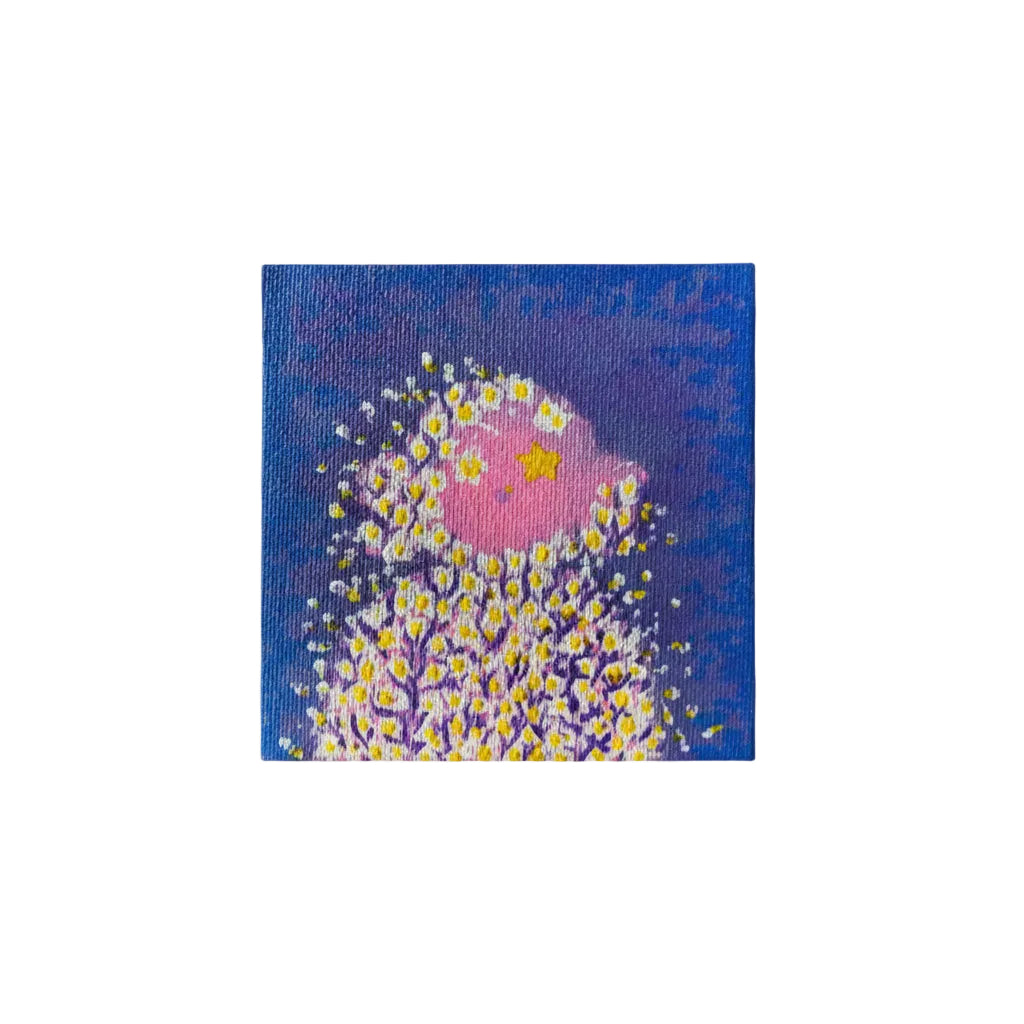 Original artwork, micra, size 4x4, Daisy, floral, flowers, blue, red, violet, green, whimsical, cute, abstract, texture, miniature, pointillism, 