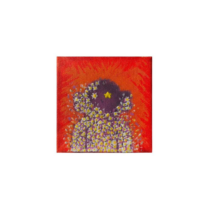 Original artwork, micra, size 4x4, Daisy, floral, flowers, blue, red, violet, green, whimsical, cute, abstract, texture, miniature, pointillism, 