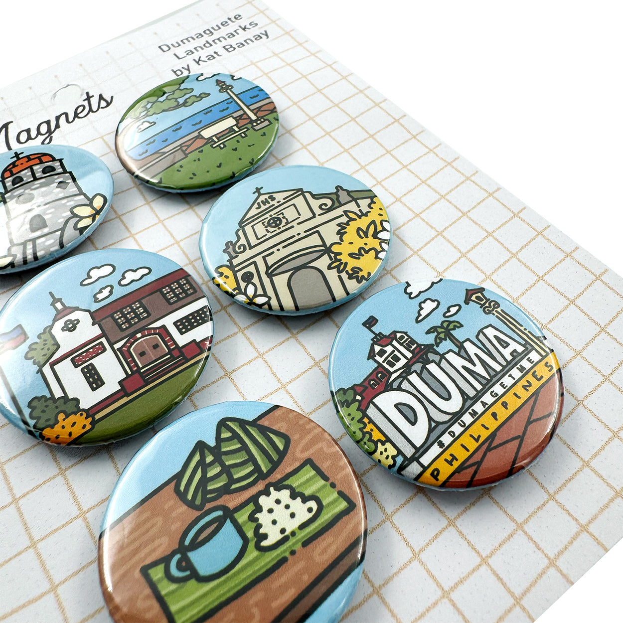 Button Magnet, Duma, DumaGetMe, Dumaguete city, Negros Oriental, Souvenir, magnets, art, artistic, creative, Kat Banay, Bell Tower, Pantawan, Cathedral, Pa-Initan, Rizal Boulevard, Iconic spots, tourist, touristic destinations, Landmarks, close up