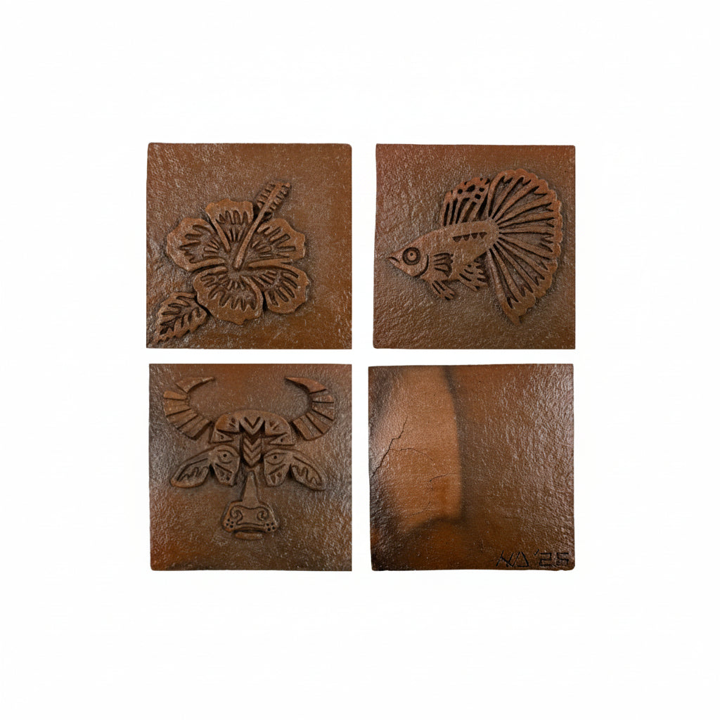 Micra, Dumaguete city, Dumaguete artist, size 4x4, terracotta, brown, water buffalo, gumamela, fish, Earth texture 