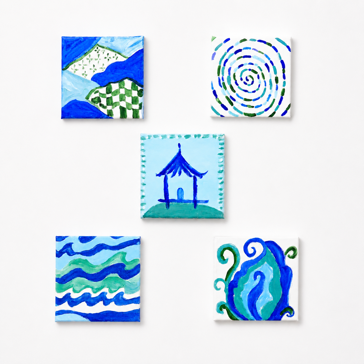 Original artwork, Dumaguete City, Negros Oriental, Philippines, Filipino artist, Enrique Macias, acrylic on canvas, mini artwork collection, authentic art, colorful wall decor, creative gift, nature-inspired art, Pinspired Art Gallery, MICRA Art Show, vibrant colors, ocean waves, sun, spiral patterns, geometric shapes, tropical landscape, blue, green, orange, pink, and yellow artwork.