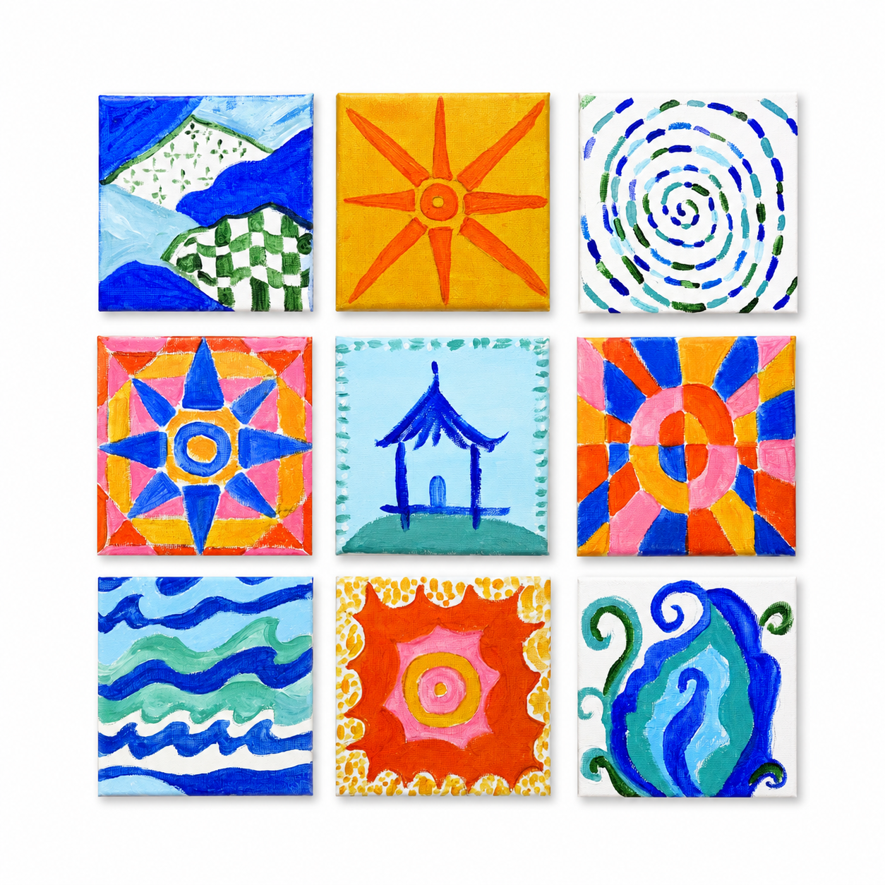 Original artwork, Dumaguete City, Negros Oriental, Philippines, Filipino artist, Enrique Macias, acrylic on canvas, mini artwork collection, authentic art, colorful wall decor, creative gift, nature-inspired art, Pinspired Art Gallery, MICRA Art Show, vibrant colors, ocean waves, sun, spiral patterns, geometric shapes, tropical landscape, blue, green, orange, pink, and yellow artwork.